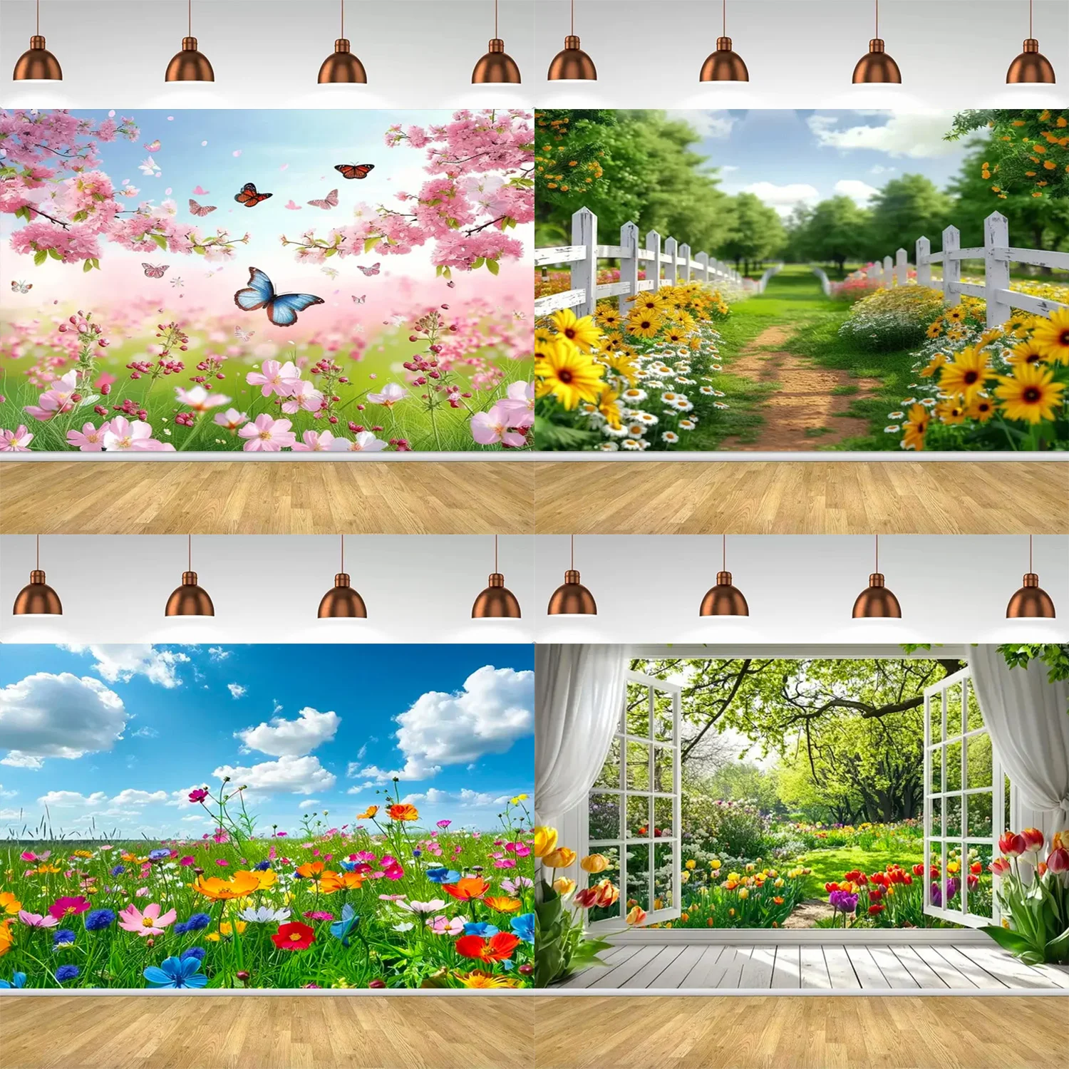 Magnifique toile de fond photographique Jardin de fleurs, cerisiers et tournesols, paysage naturel, pour extérieur, fête, baby shower, photomaton