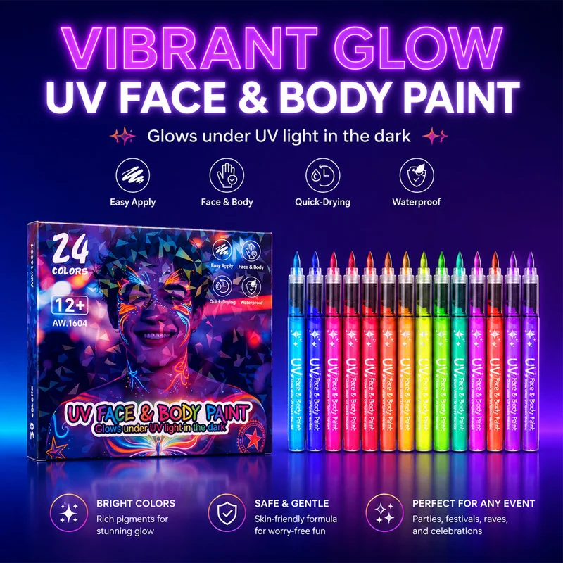 8/12/18/24/30 Glow Paint Markers. Neon hues glow under UV light for body tattoos, parties & festivals.