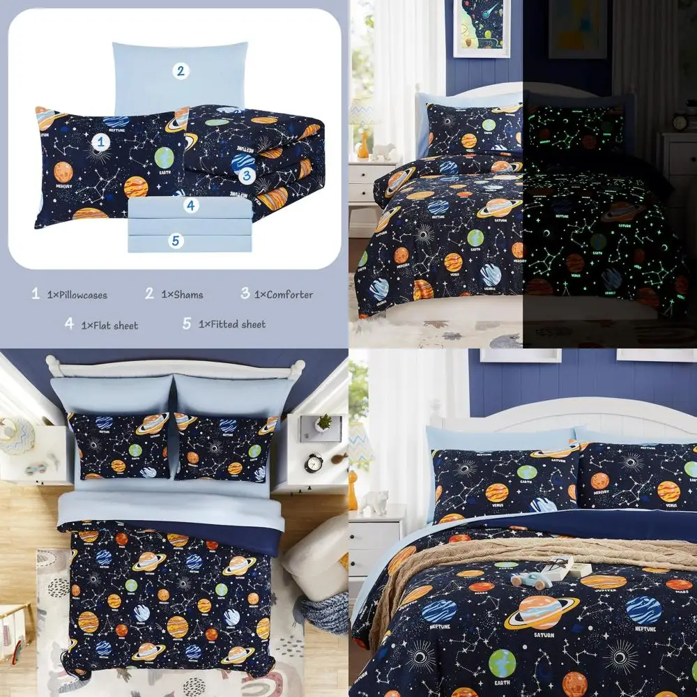 

5-Piece Twin Kids Comforter Set for Boys, Space-Themed Glow-in-the-Dark Bedding with Sheets