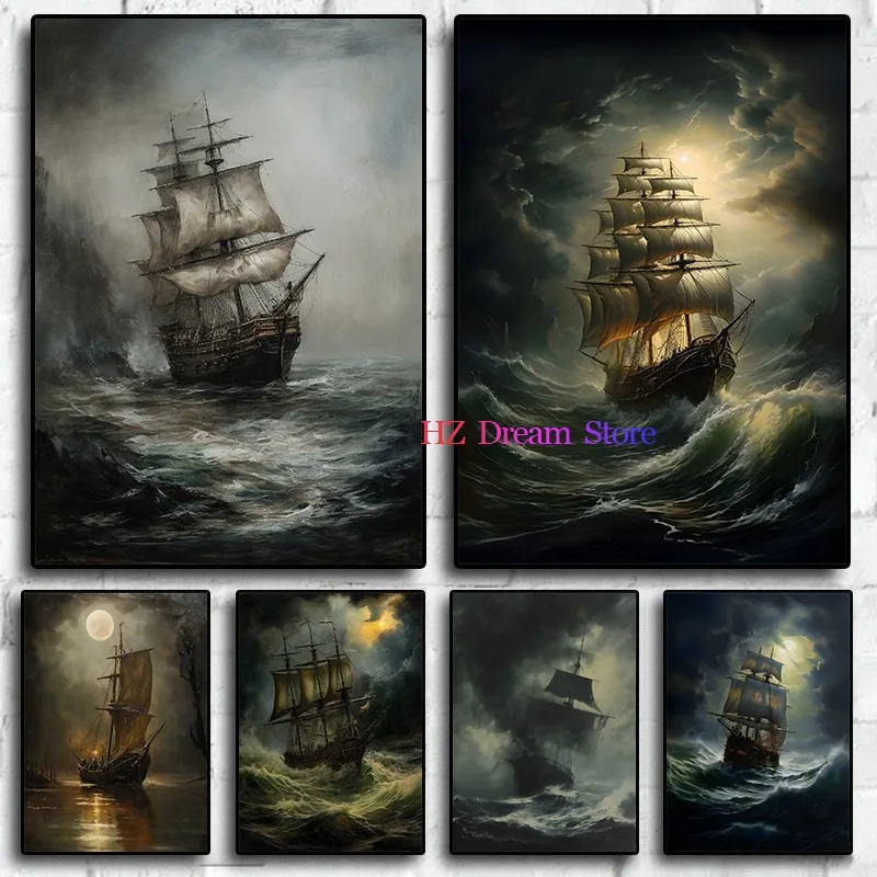 Storm Sea Ship Sailboat Poster Dark Academia Vintage Seascape Canvas Painting Sailing Ship Moody Antique Art Nautical Wall Decor