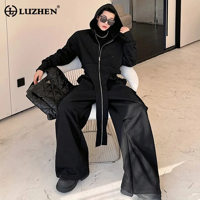 LUZHEN 2024 Spring Fashion Personality Asymmetric Design High Street Hooded Jacket Baggy Casual Pants Men Two-piece Sets LZ1138