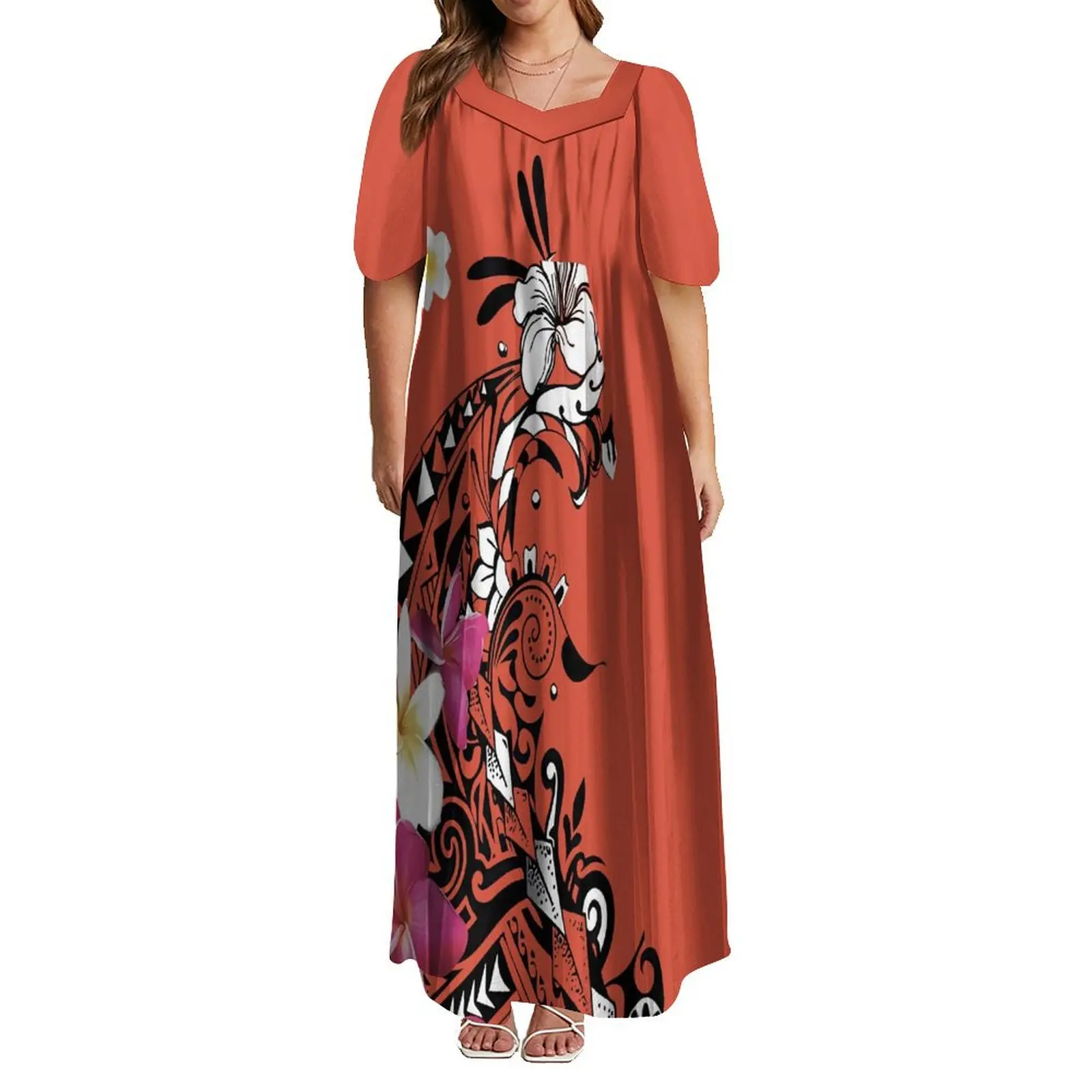 Samoa Big Neckline Loose Women Dress MUMU Polynesian Tribal Ethnic Style Chicken Heart Neck Women Long Dress