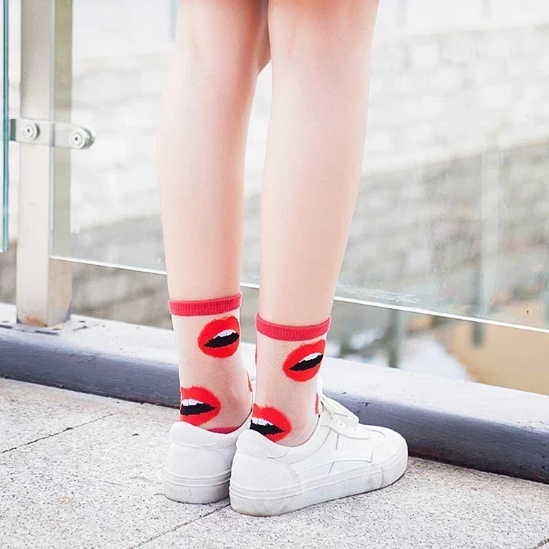 5 Pairs Women's Summer Lace Crystal Glass Silk Flower Socks Ultra Thin Transparent Roses Jacquard Elastic Short Socks
