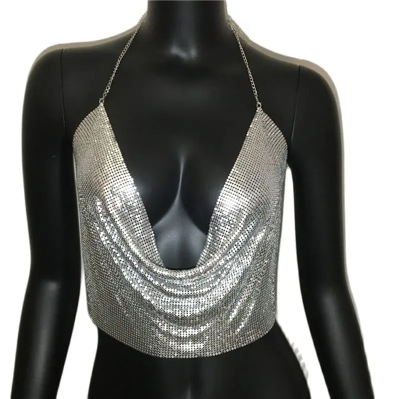 AKYZO-Tops regatas de lantejoulas de metal para mulheres, tops sem encosto, glitter, roupa do clube de praia, show wear, dourado e prateado, verão,