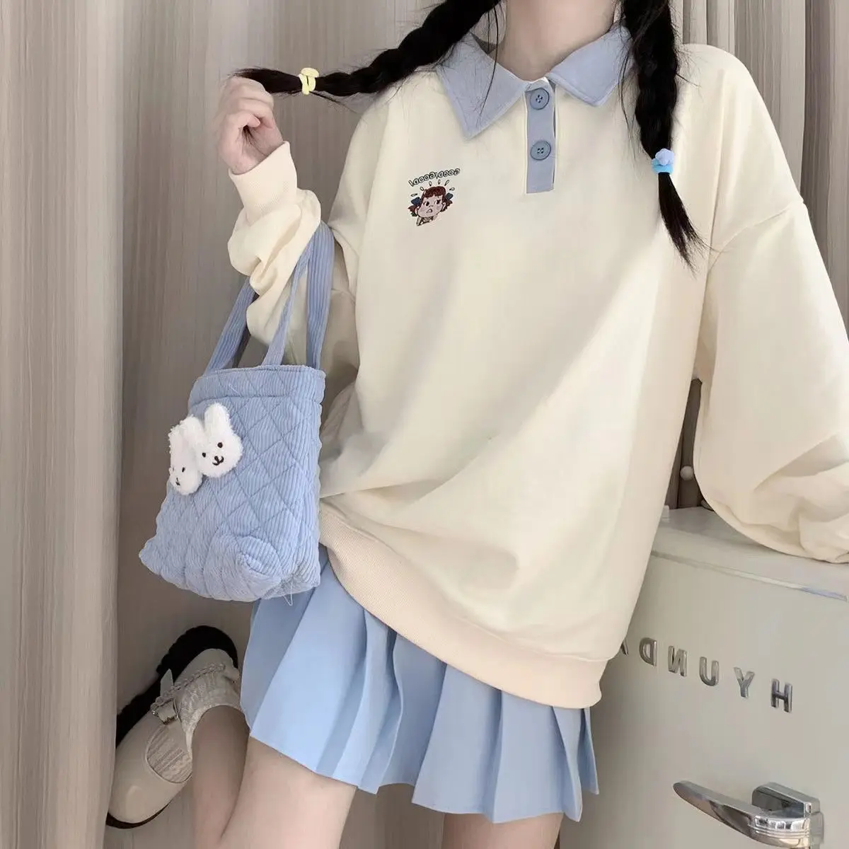 

Preppy Style Cartoon Beige T-shirts Women Harajuku Kawaii Oversize Polo Long Sleeve Tops Cute Patchwork Tees Female