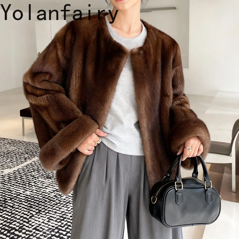 YOLANFAIRY manteau de fourrure naturelle femme de luxe hiver élégant réel entier manteaux de fourrure de vison mode couleur café veste de fourrure vêtements d'extérieur