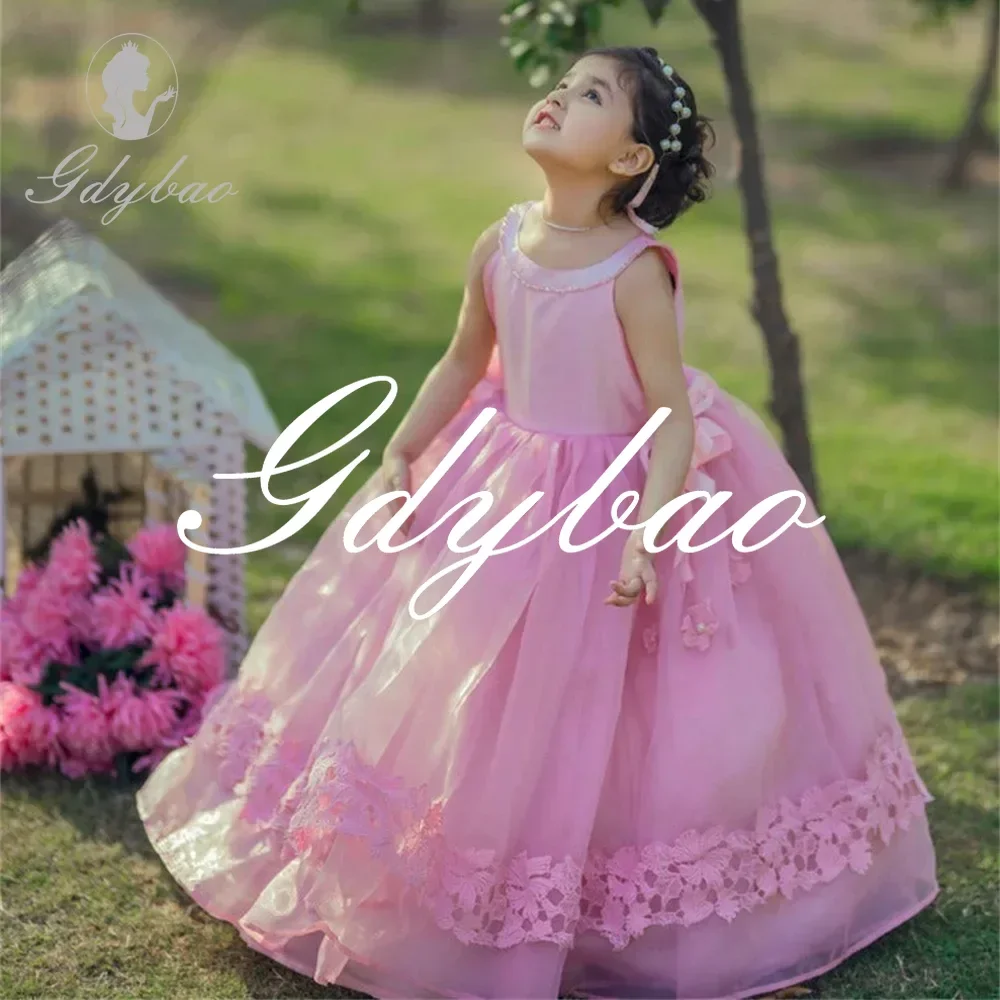 2025 nuevo apliques cuello redondo sin mangas una línea elegante vestido de niña de las flores hasta el suelo vestido Formal de primera comunión de lujo personalizado