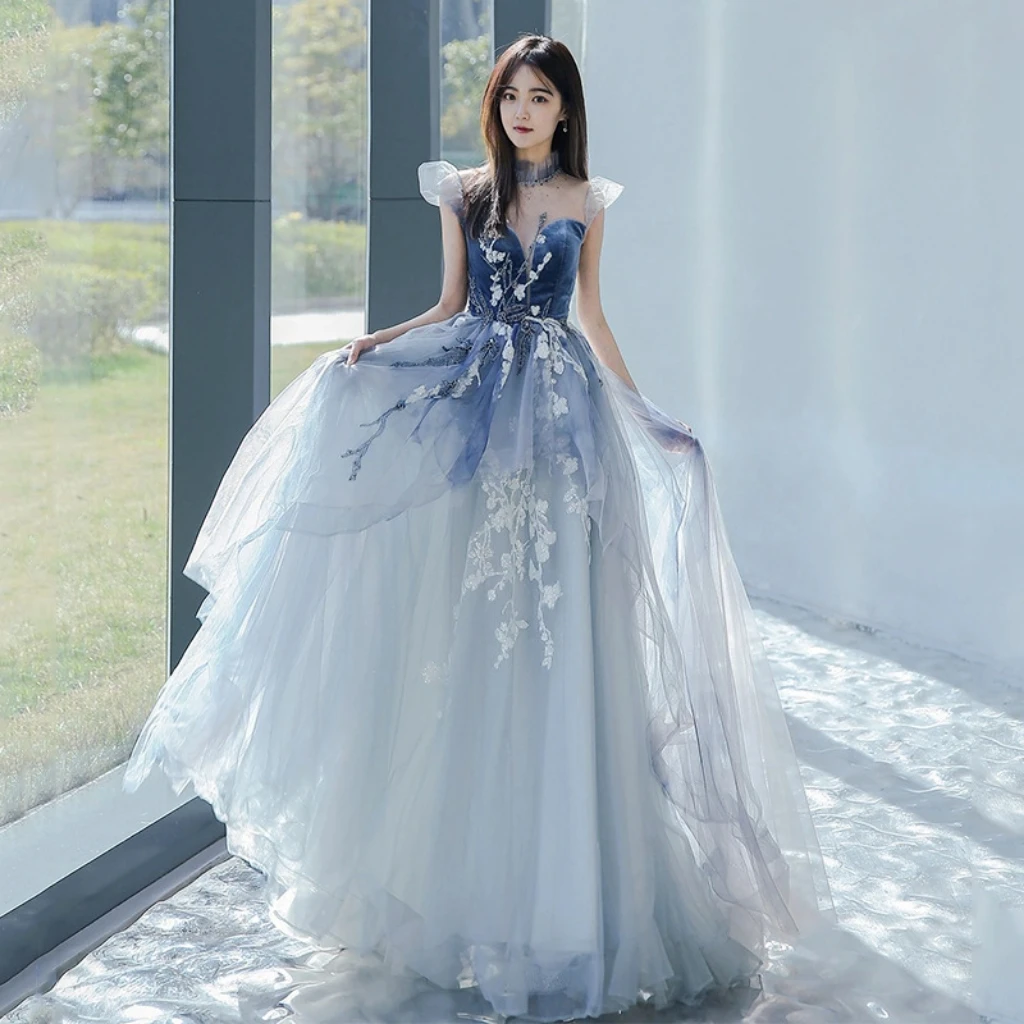 Princess Elegant Blue Celebrity Dress High Neck Pleated A-Line Slim Embroidery Floor Length Formal Occasion Evening Party Gowns