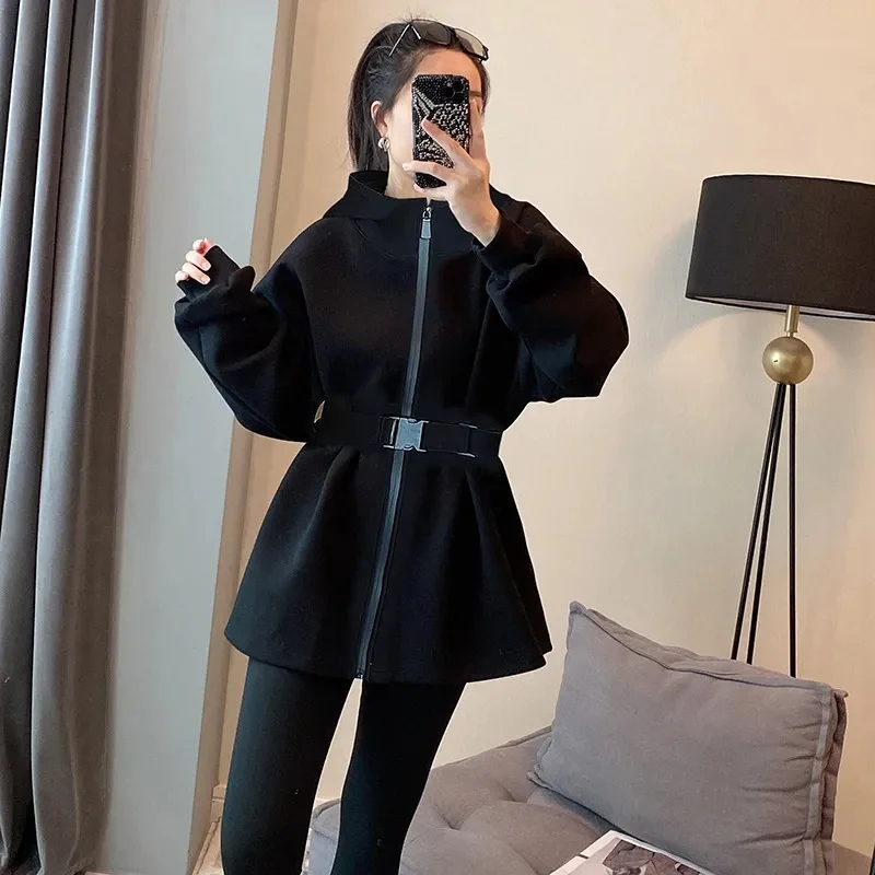 

2023 Spring and Autumn New Black Hooded Thin Collection Waist Hoodie Coat Women's Light Ripe Medium long Temperament Cardigan XQ