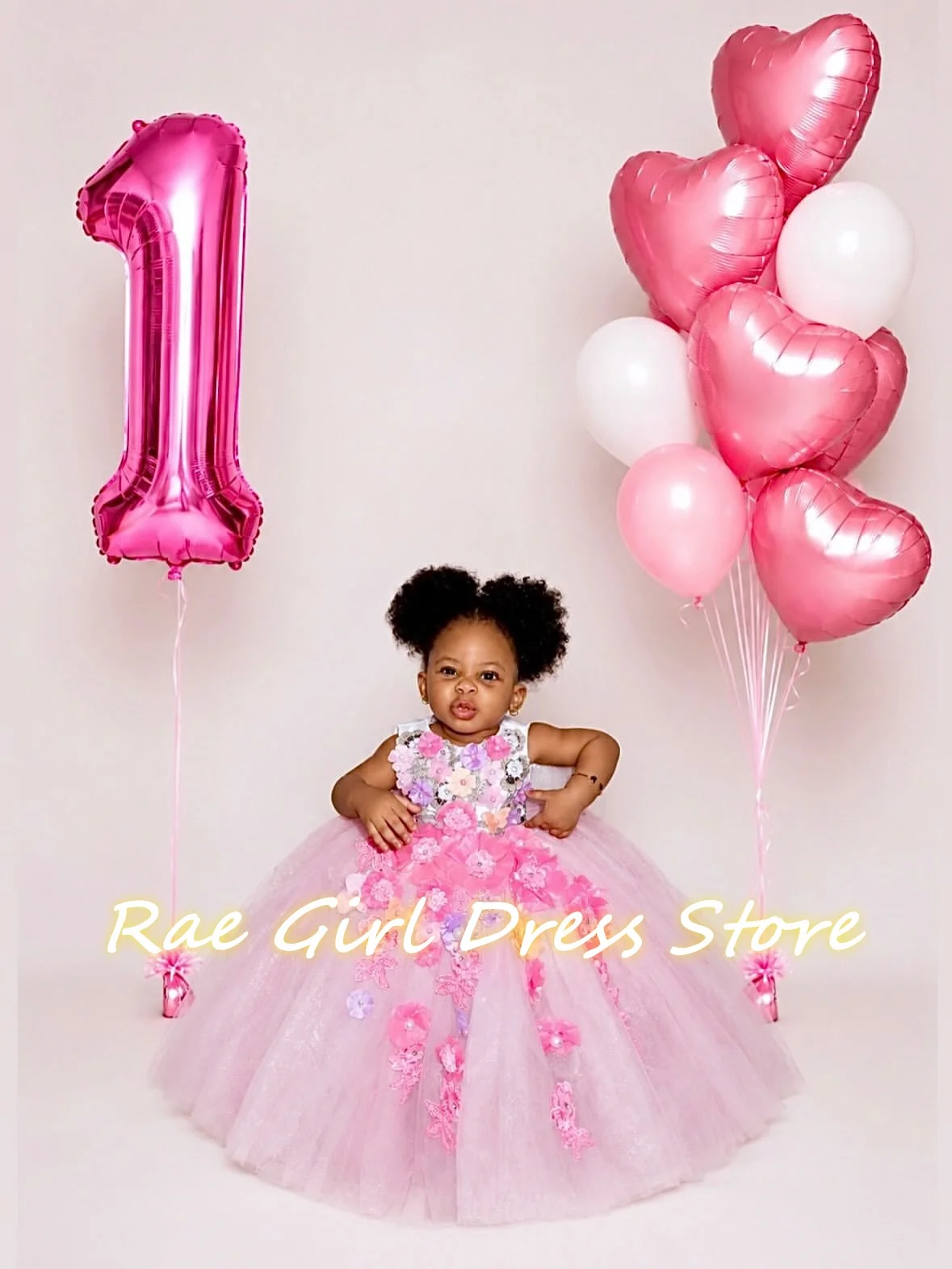 Pink Glitter Tulle Flower Girl Dress For 1st Birthday Photo Shoot Mini Spaghetti Straps Multi Color 3D Floral Kids Formal Gowns