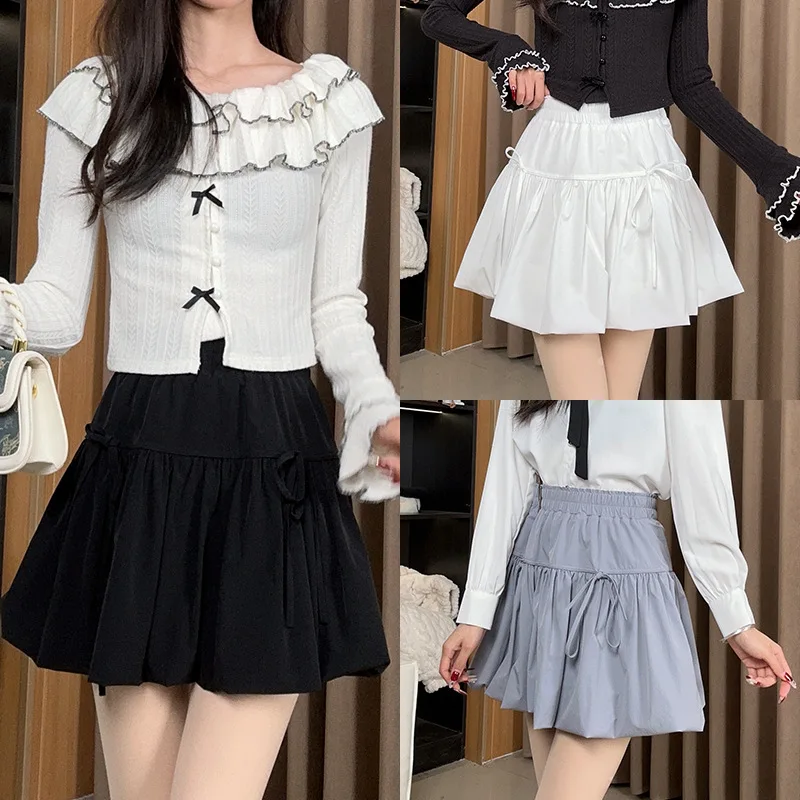 

Korean Fashion Casual Clothes Girls Short Skirts White Pleated Skirts Women Summer Elastic Waist Bow Lace Up A-line Mini Skirt