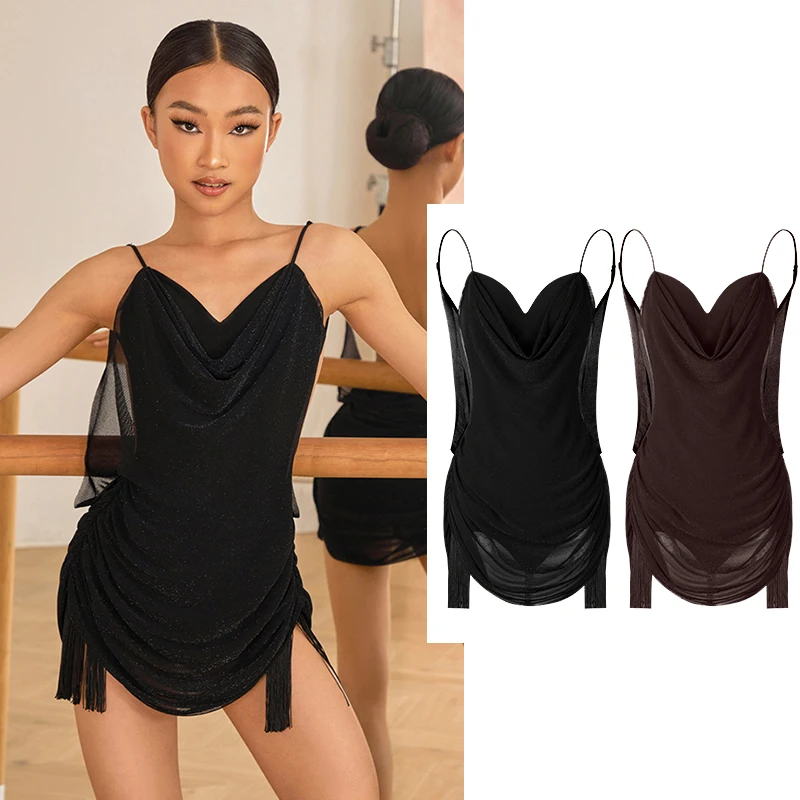 Robe de danse latine pour filles, vêtements de danse dos nu, Cha Cha Rumba, robe à franges, vêtements d'entraînement noirs, robe de compétition