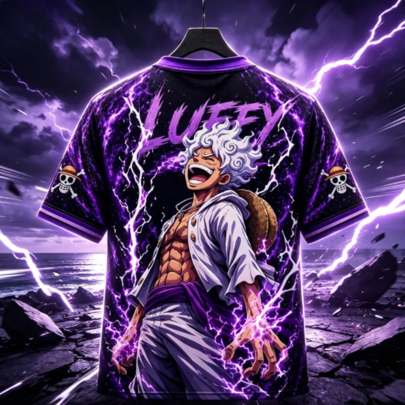 Anime One Piece Luffy Gear 5 Graphic Mesh Jersey Men Women Breathable Lightning Print Straw Hat Skull Sleeve Badge Street Tee