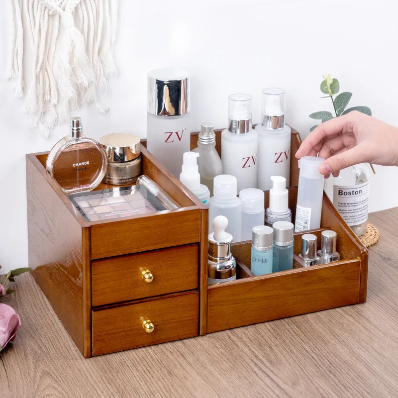 Wooden cosmetics storage box Household drawer type skin care products desktop shelf lipstick mask dresser storage