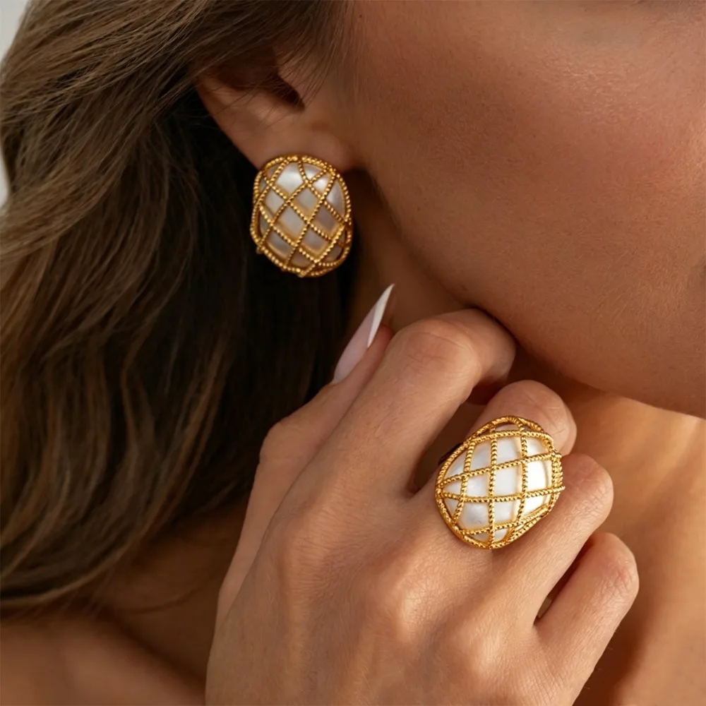 Vintage Fashion Gold Color Twisted Mesh Oval Wrap Pearl Stud Earrings Rings Set for Women Party Temperament Jewelry Sets Gift