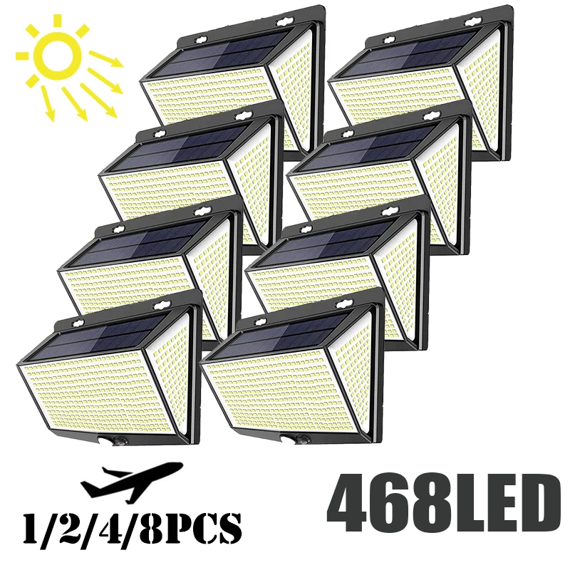 

468 LED Solar Light Outdoor PIR Motion Sensor Street Lamp with 3 Lighting mode IP65 Waterproof for Garden Patio Garage Yard