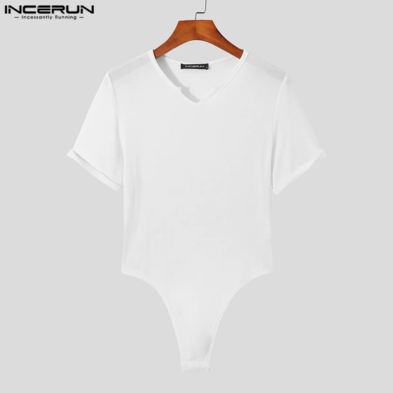 Men Bodysuits Solid Color V Neck Short Sleeve Pajamas Sexy Homewear Rompers 2024 Fashion Fitness Men Bodysuit INCERUN Plus Size