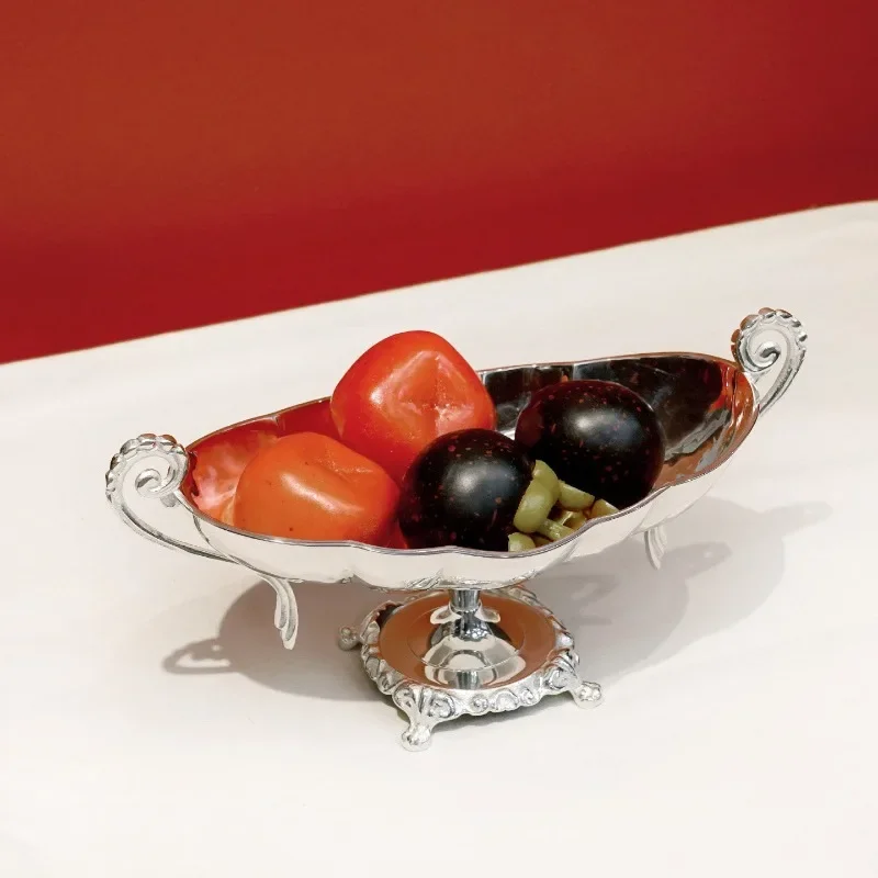 Brass silver-plated Indian imported handmade high-footed binaural handle art fruit plate fruit basket luxury European home ornam