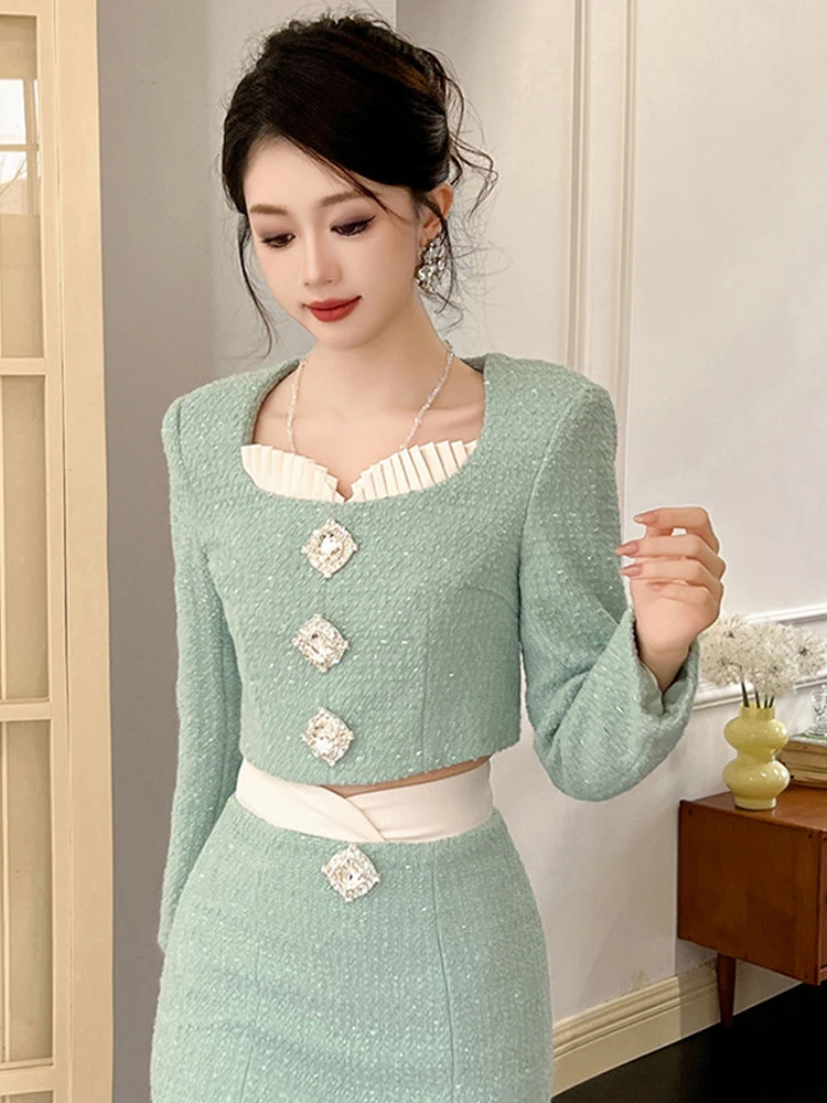 New Fashion Elegant Short Jacket Women Tweed Single Breasted Pullover Coat Long Sleeve Cropped Tops Party Clothes Street Outwear