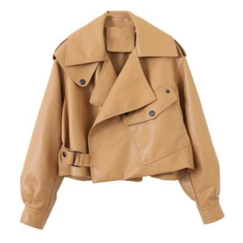 Cacocala 2023 Spring New Women Faux Leather Jacket Turndown Collar PU Motorcycle Female Jackets Loose Woman Outerwear