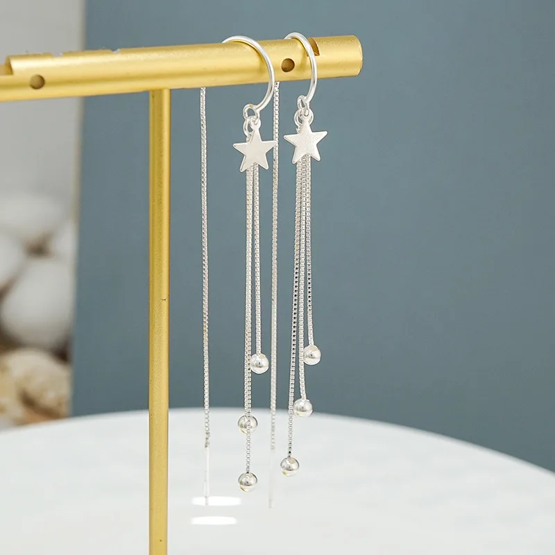 925 Sterling Silver Long Tassel Star Drop Earrings for Women Elegance Pentagram Round Bead Korean Earring Wedding Bride Jewelry