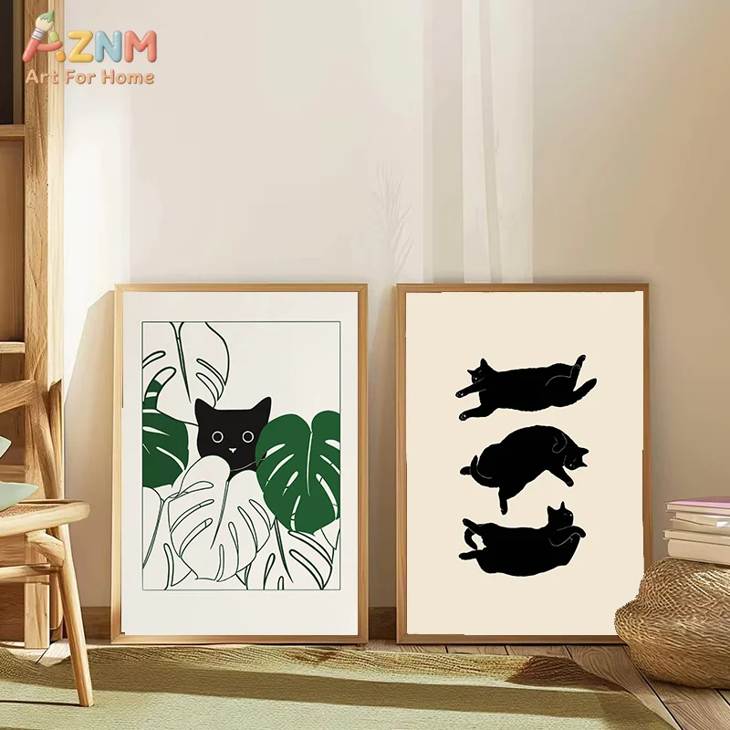 AZNM Minimalist Black Cat Canvas Wall Art Monstera Leaf Simple Line Drawing Print Unframed Canvas Boho Neutral Living Room Bedro