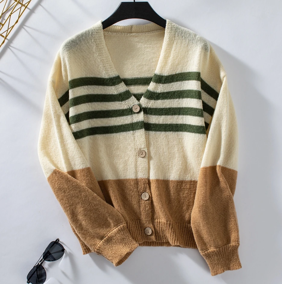 Women's Lazy Sweater 2024 Autumn Winter Latest Contrasting Striped Button Knit Cardigan Casual Loose Coat Open Front Jacket