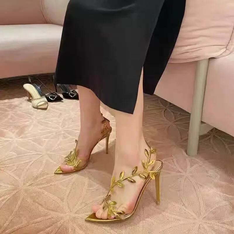 Summer Ladies Stiletto Fashion Golden Branches Jade Leaves Pointed Toe Sandals Gold/Silver High Heel Women Evening Dress Pumps