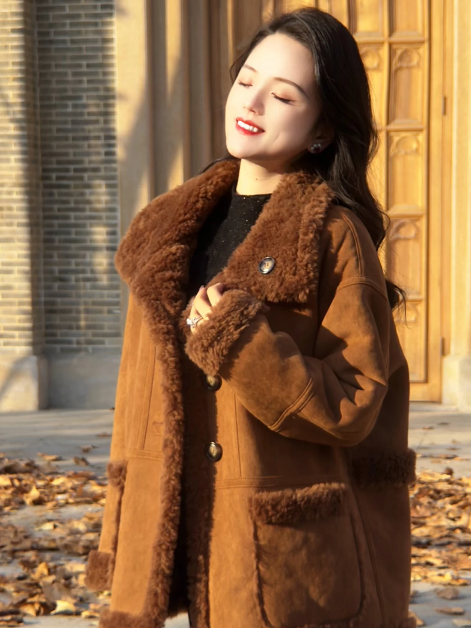 

Романтичное двустороннее шерстяное пальто в калифорнийском стиле для женщин, утепленное, повседневное, свободного кроя, с длинными рукавами, теплое