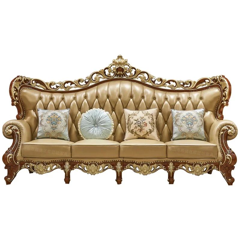 

Sofa combination solid wood carving flower cowhide sofa luxury villa