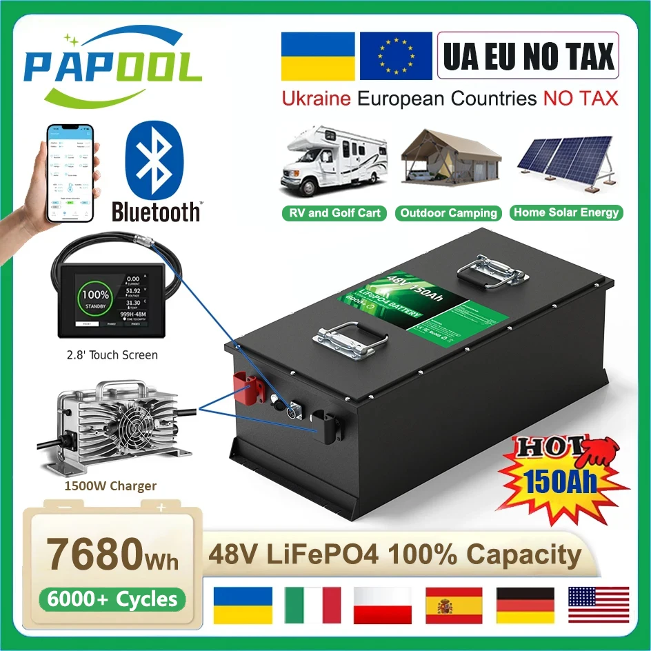 LiFePO4 48V 150Ah 7680Wh Battery 51.2V 100Ah 120Ah 6000 Cycles 16S 200A BMS Golf Cart RV Home Solar Lithium Battery EU UA NO TAX