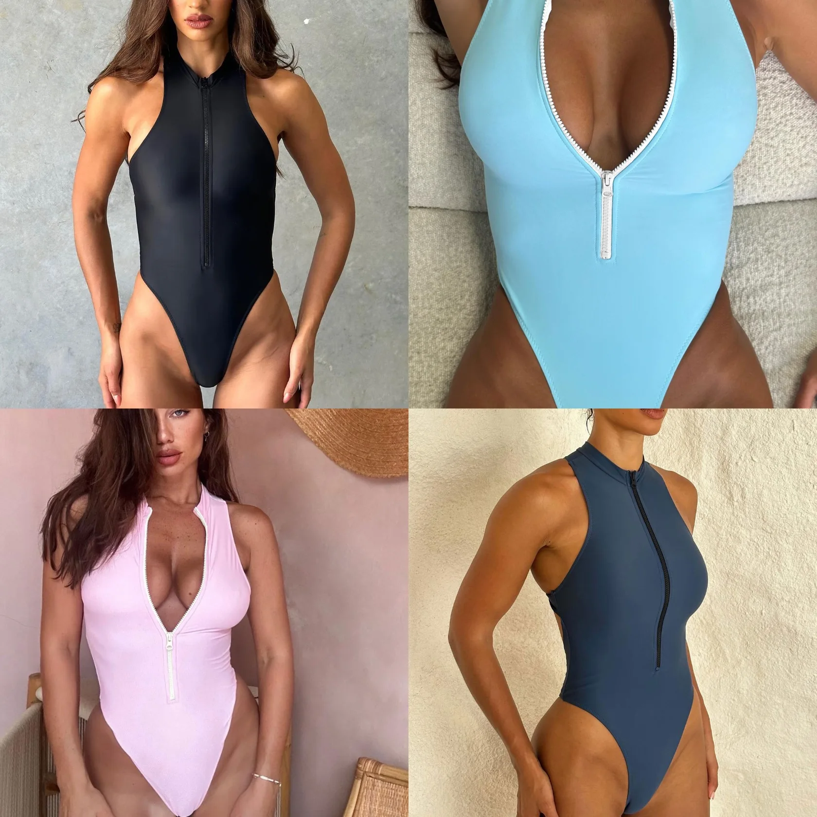 Superior Solid Color Zipper Sleeveless Surf Suit One-piece Swimsuit Women's 2026 New Model