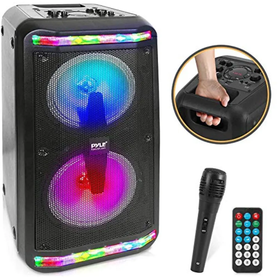 

Bluetooth Speaker and Microphone System - Portable Stereo Karaoke Speaker with Wired Mic, Built-in LED Party Lights, MP3/USB, F