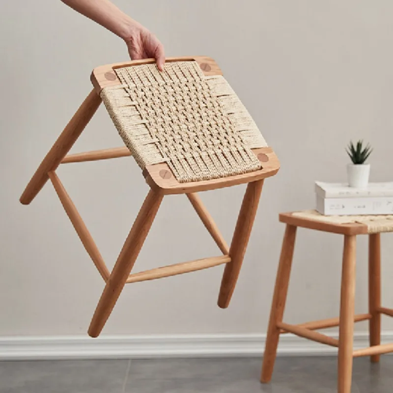 Solid Wood Rattan Weaving Square Stool,High-Leg Dining Chair with Cherry Finish,Handwoven BarStool Using Mortise Restaurant Cafe