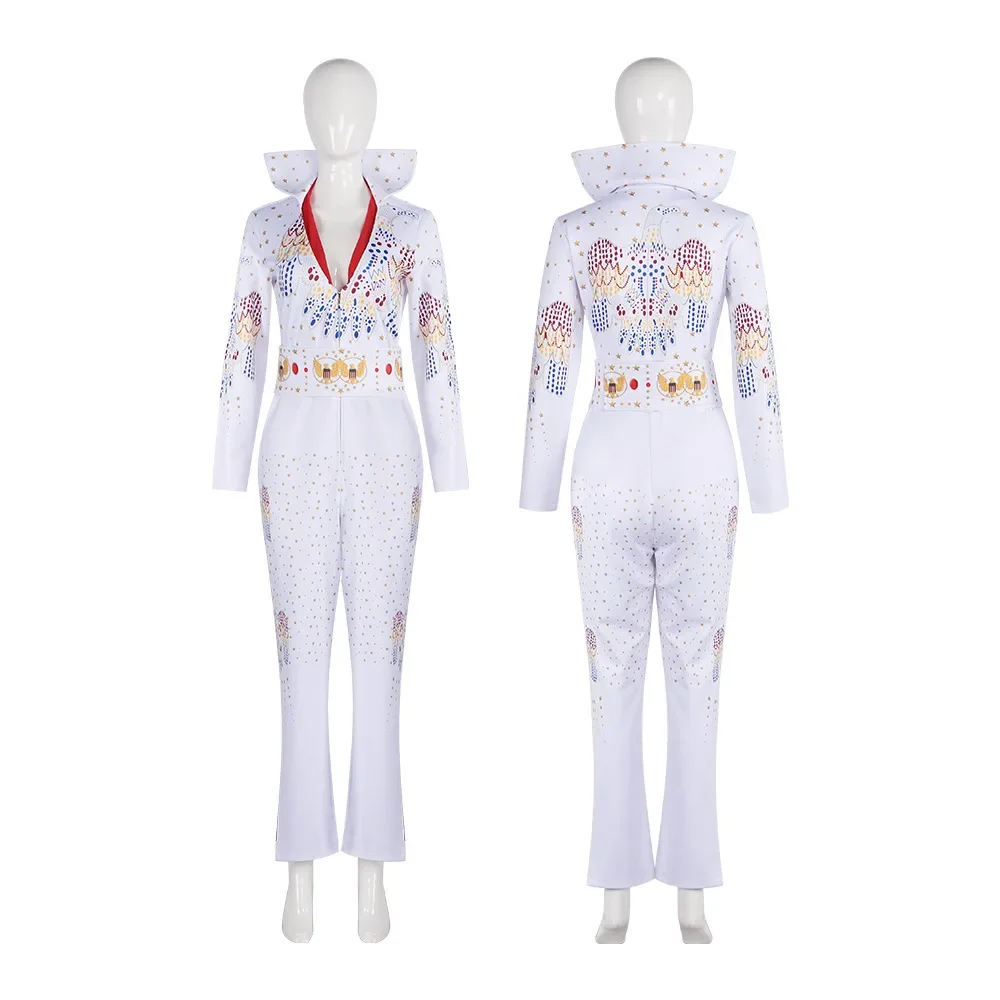 Movie Rocker Elvis Cosplay Costume Adult Men Women Jumpsuit Halloween White Bodysuit Outfit Uniform Party