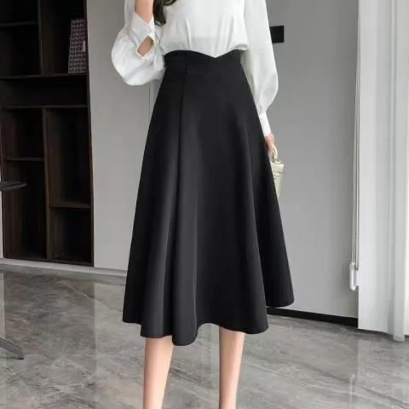 

Women's Black High-Waisted A-Line Midi Skirt, Elegant Office Wear Flared Skirt with Structured Waistband