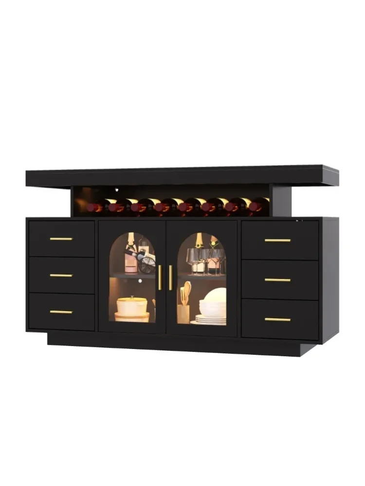 Weinschrank, Kaffeebar, Aufbewahrungsschrank mit 6 Schubladen, 2 Glastüren, offenes Regal, moderner Spirituosenschrank, 140 x 40 x 82 cm, freistehende Vitrine für Küche, Wohnzimmer, Esszimmer,