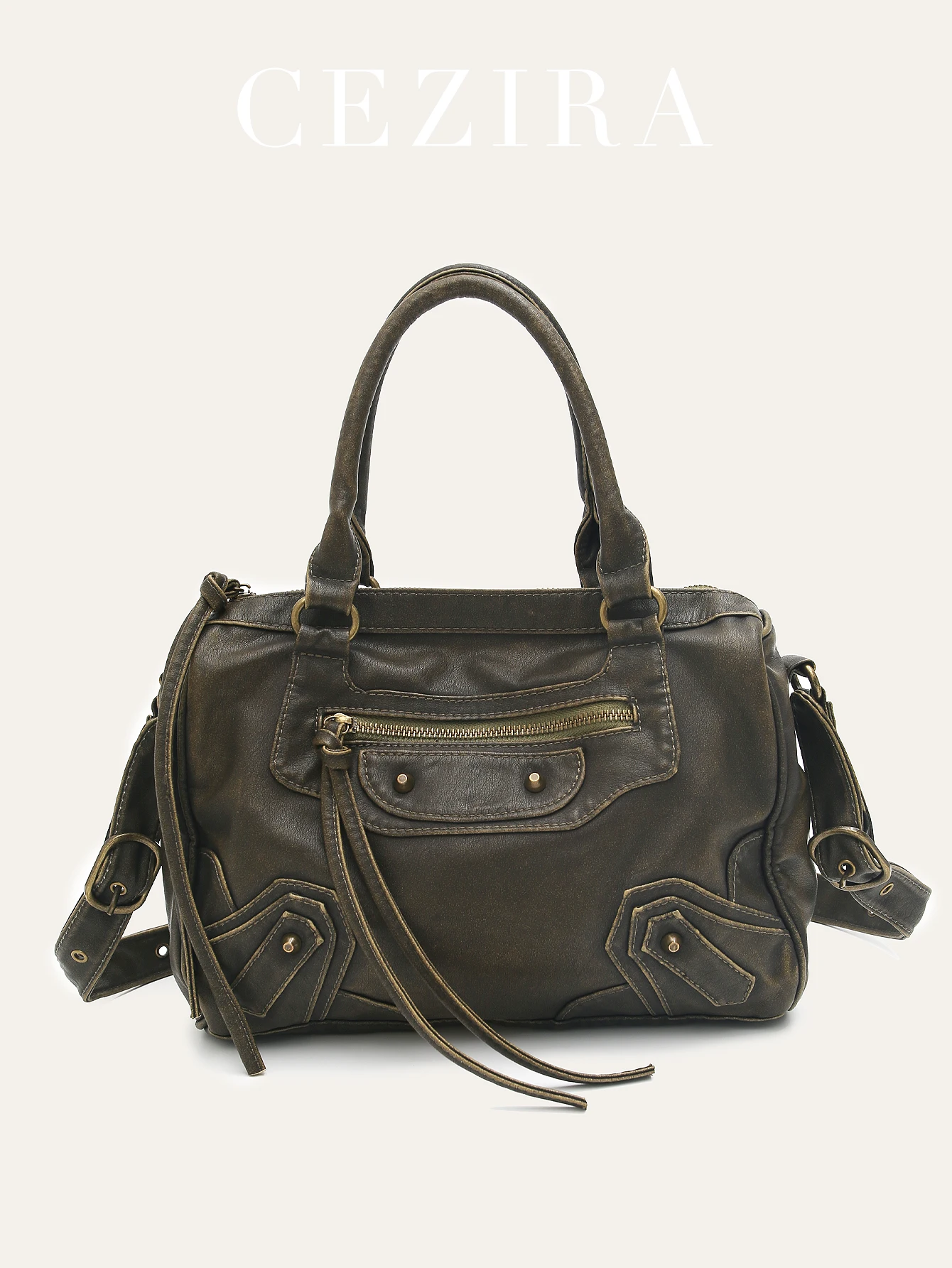 CEZIRA Women's Fashion Soft Washed PU Leather Tote Handbag Retro Brush Off Color Satchel Adjustable Long Strap Shoulder Bag