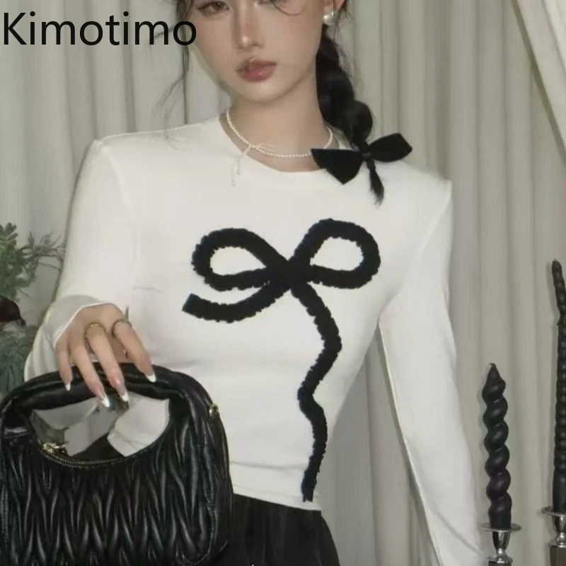 

Kimotimo Hotsweet вязаные топы с трехмерным бантом, женские осенние облегающие пуловеры с круглым вырезом, темпераментный тонкий свитер Y2k