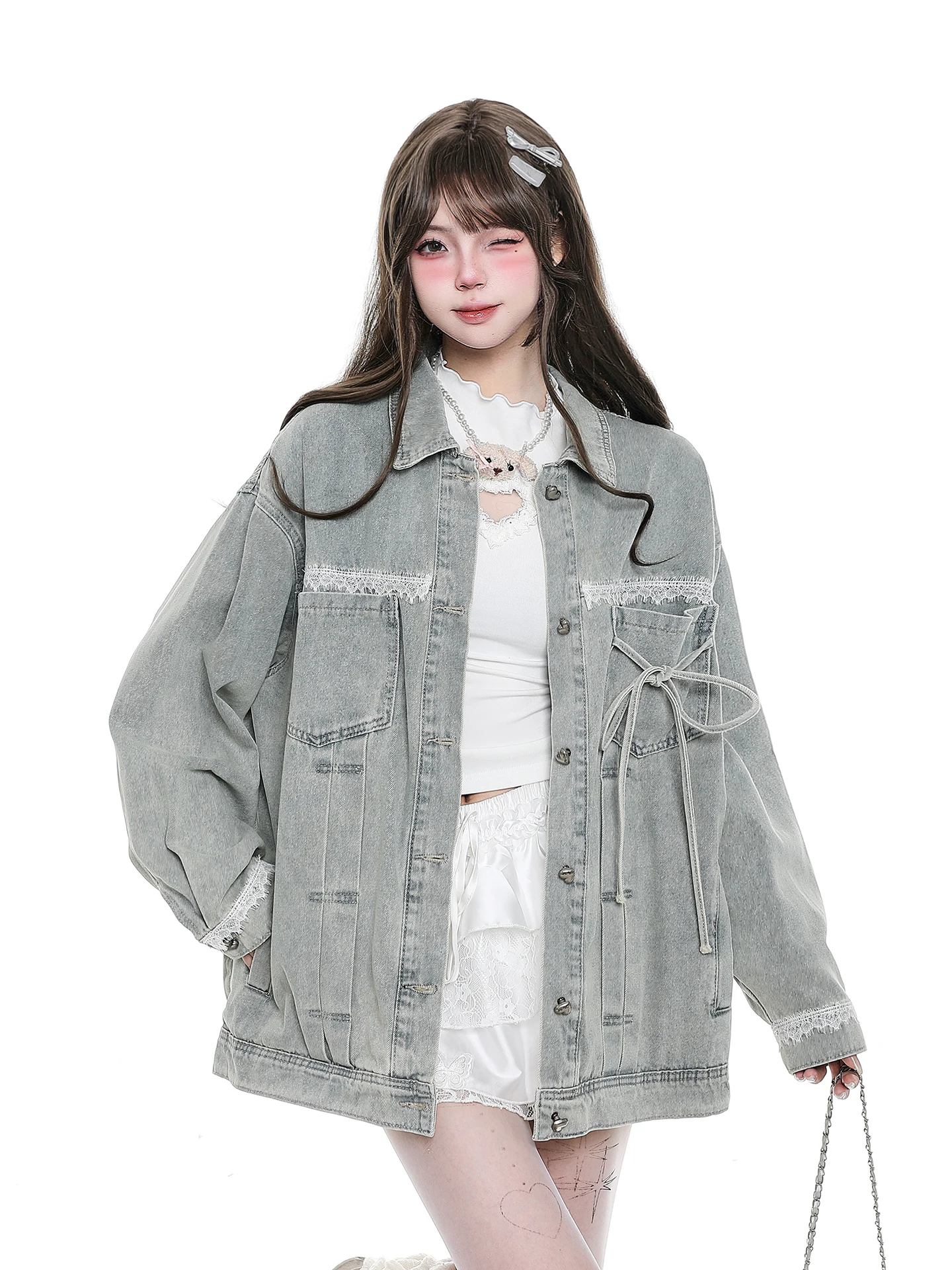 Retro American Distressed Denim Jacket Women's Autumn Design Oversize Casual Coat Lace Sleeveless Long Sleeve Button Closure