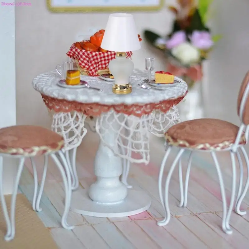 D0JC Living Room White Table Lamp Figure Model Realistic Lampshade Vintage Life Scene Doll House Pretend Game Furnishings