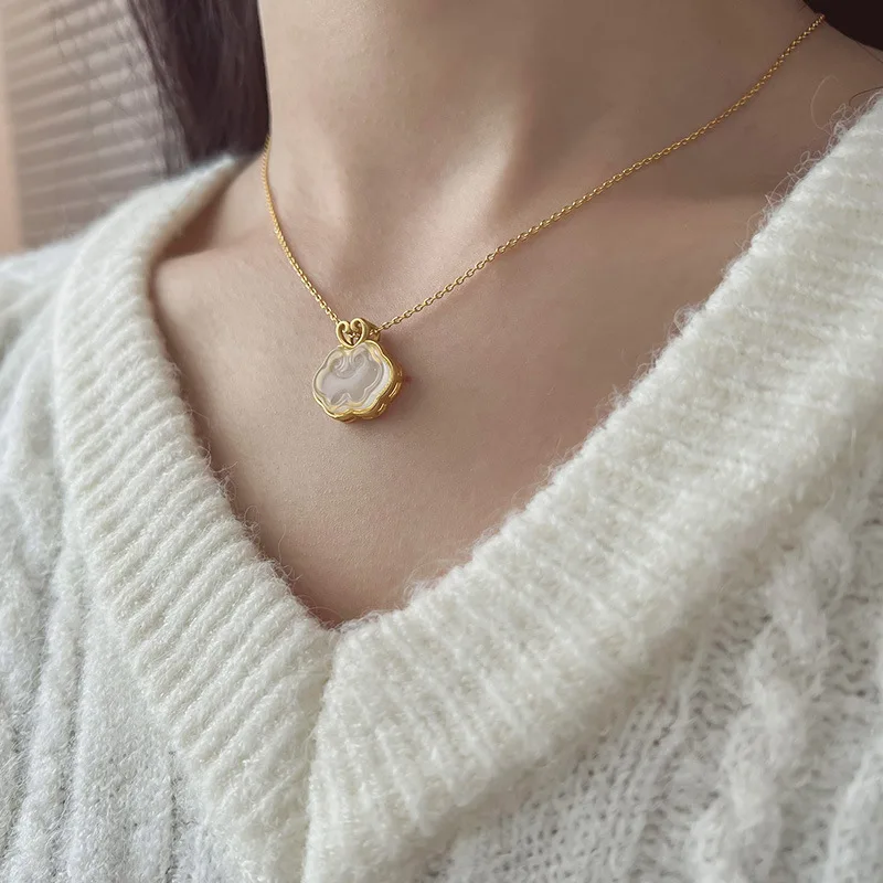 VENTFILLE Gold Color Hotan Jade Longevity Lock Necklace for Women Girl Birthday Gift 925 Stamp Charm Retro Jewelry Dropshipping