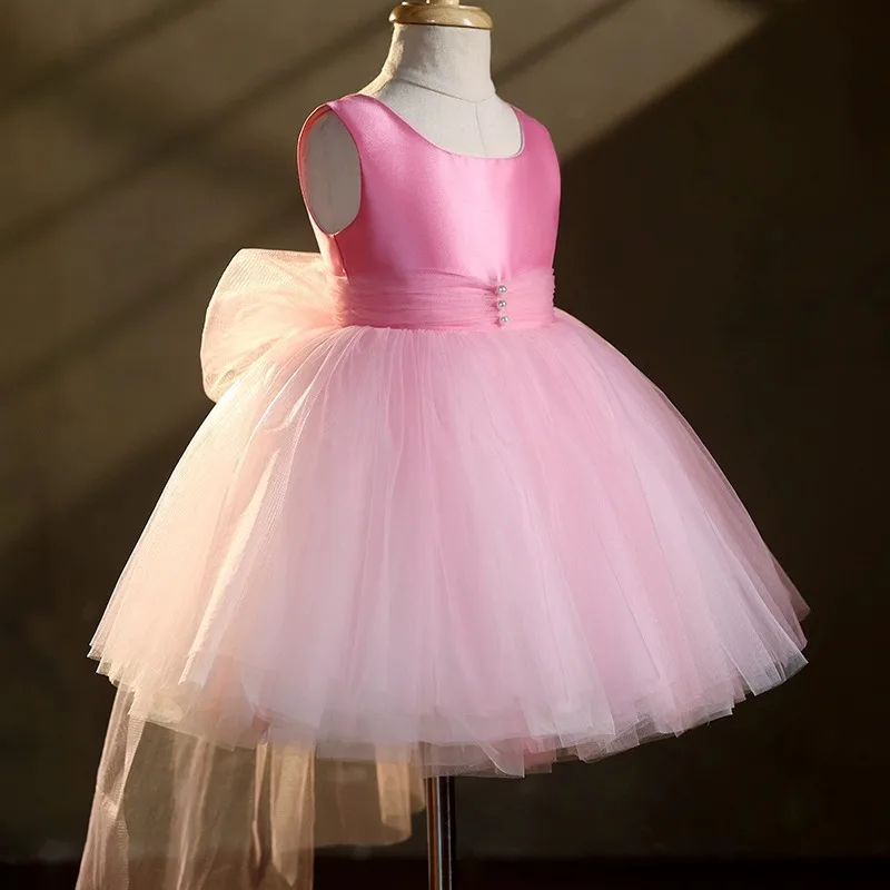 2025 Children Cute Pink Sleeveless Mesh Princess Ball Gown Girls Bithday Wedding Party Dress y1519