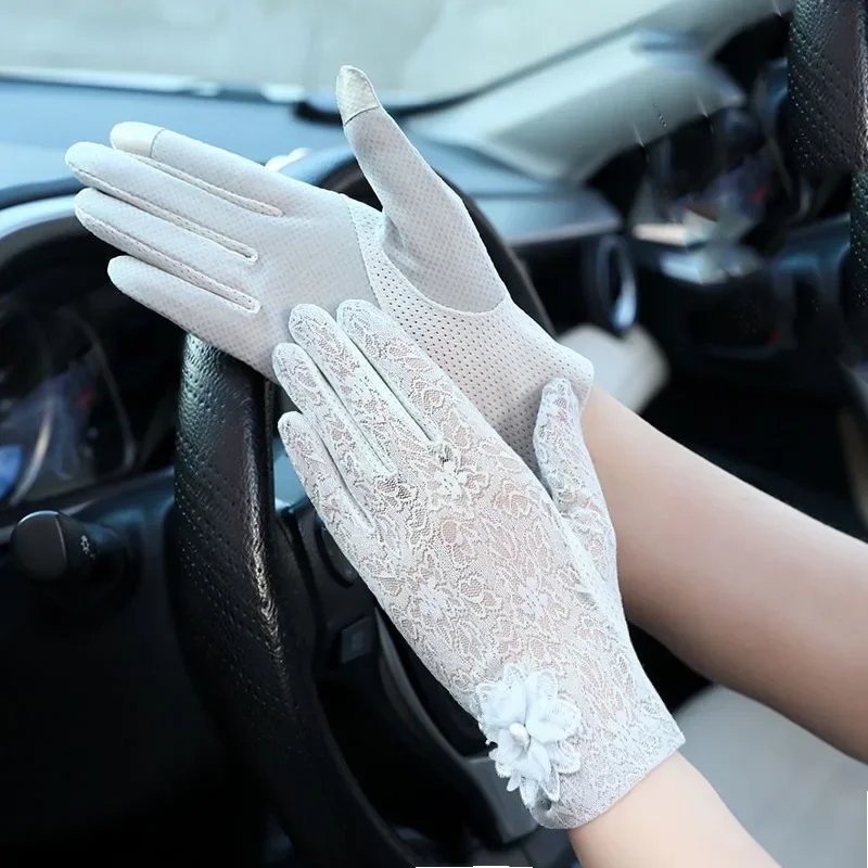 Женские летние ультратонкие противоскользящие короткие солнцезащитные кружевные перчатки для вождения и езды на велосипеде с сенсорным экраном, многофункциональные
