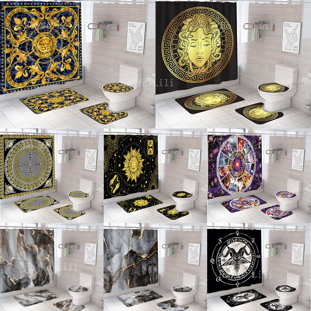 Shower Curtain Set Luxury Black And Gold Polyester Fabric Washable Shower Curtain 3d Marble Toilet Cover Bathroom Accessories Se