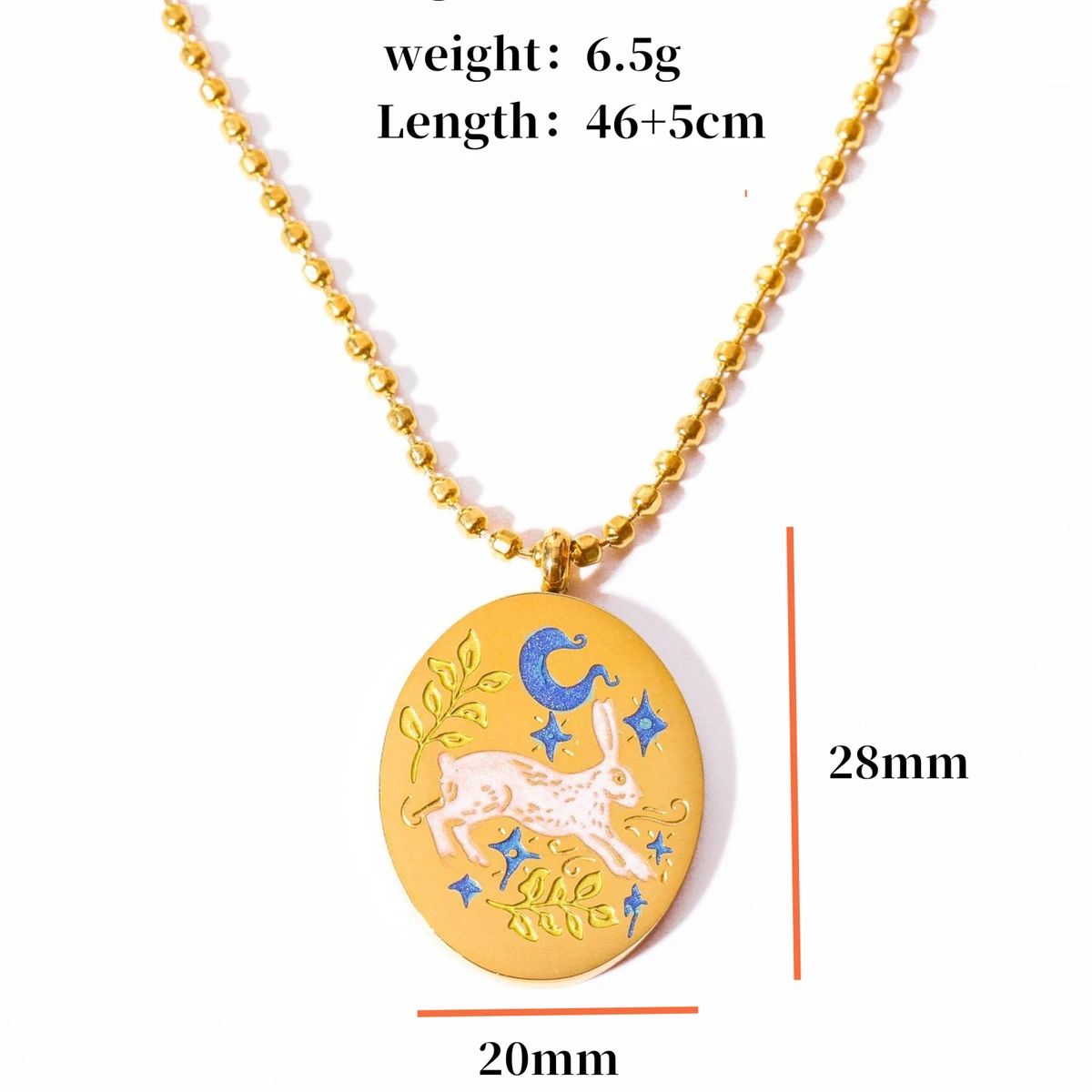 

Handmade oil dripping rabbit element elliptical tarot card necklace titanium steel electroplating 18K gold color preservation