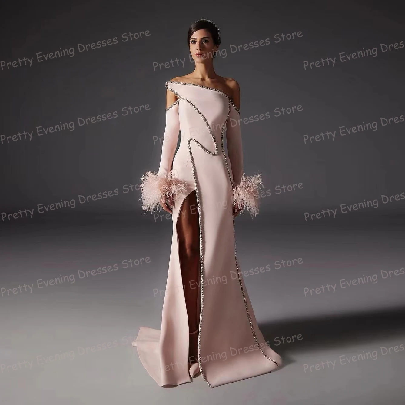 Elegant Sexy Strapless Evening Dresses Woman's Feathers Long Sleeve Mermaid Prom Growns Sparkling Fashion Formal Party Vestidos