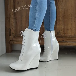 BERZIMER Ankle Boots Wedges Lace Up Round Toe Size Zip Shiny Handmade Short Boots Ladies Female Shoes Woman Big Size 40 45 47 52