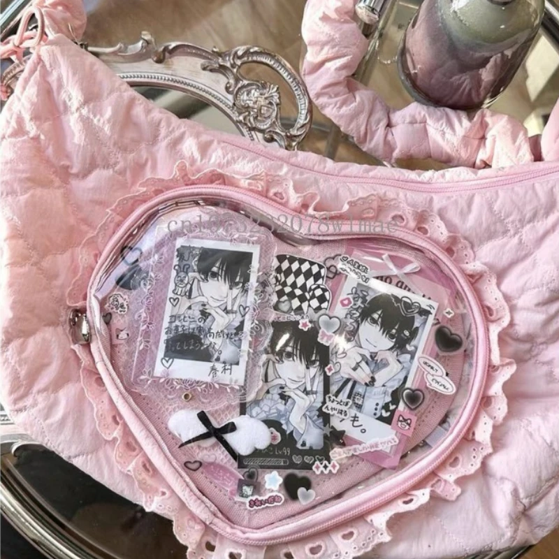 Love Heart Design Ita Bag Cute Kawaii Women Crossbody Bags Pleated Lolita Jk Handbag Girl Transparent Pocket Shoulder Bag Bolso