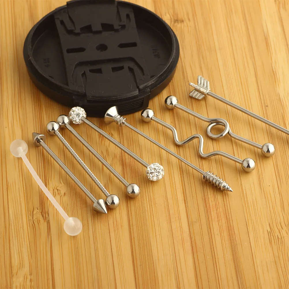 9Pcs Ear Studs Set Fade Resistant Rust Proof Rhinestone Acrylic Stainless Steel Barbell Ear Jewelry Arrows Screw Industrial